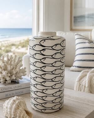 Tozai Home Vase Decor Ginger Jar Pottery School of Fish Cream Blue Nautical